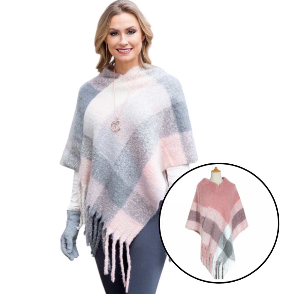 C-Mode  Autumn/Winter Thickened Women's Shawl Tassel Plaid Overhead Cape pink